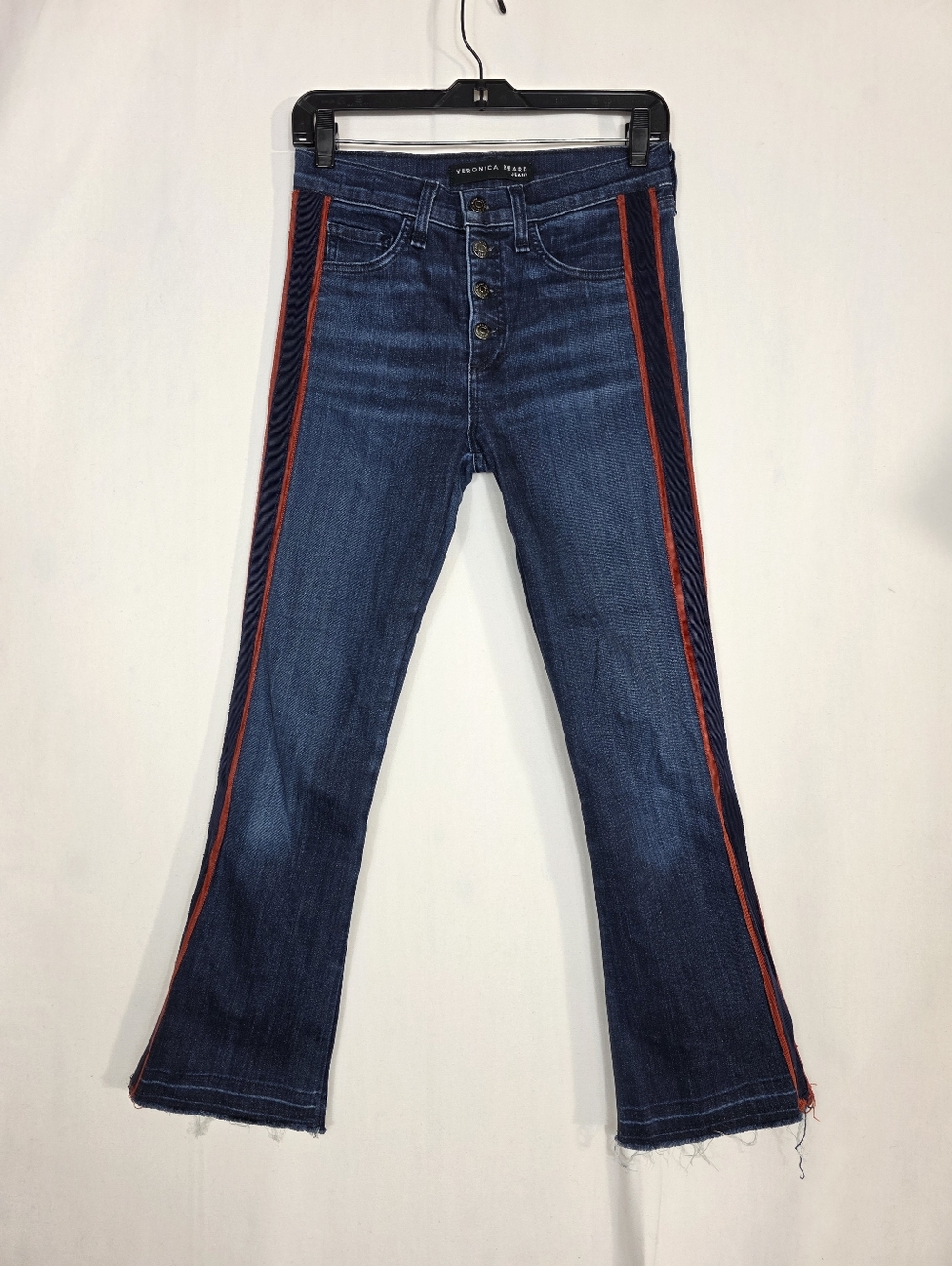 Veronica Beard Carolyn Babyboot 10" with Red Side Stripe denim jeans raw hem